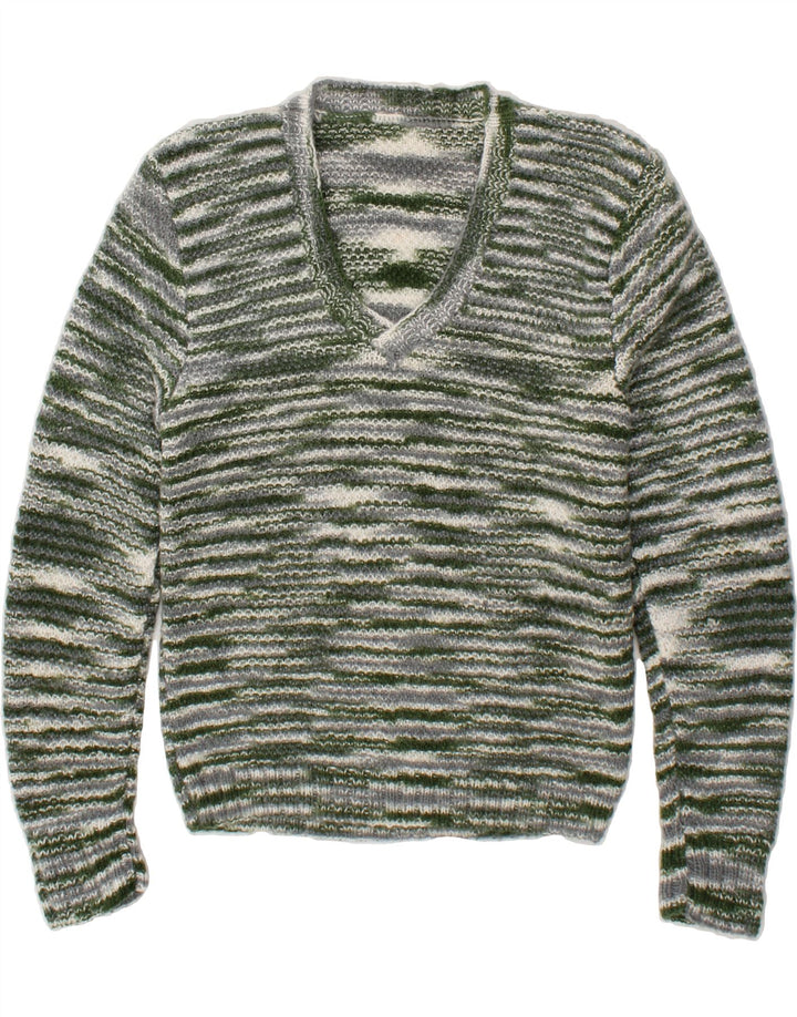 VINTAGE Womens V-Neck Jumper Sweater UK 14 Medium Green Striped Vintage Vintage and Second-Hand Vintage from Messina Hembry 