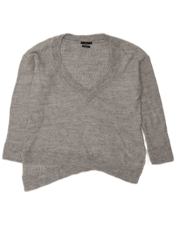 Zara Dame Asymmetrisk Oversized V-hals Jumper Sweater UK 10 Small Grey