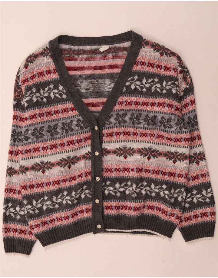 Vintage dame cardigan sweater UK 14 mellemgrå stribet akryl