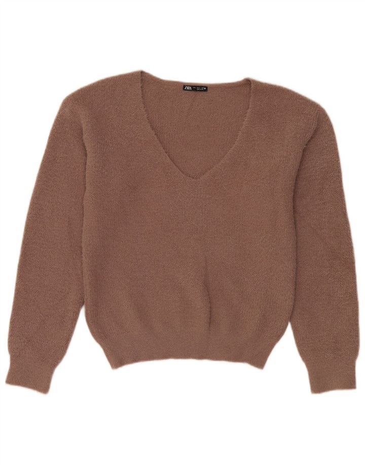 Zara Dame Oversized V-hals sweater UK 10 Lille brun polyester