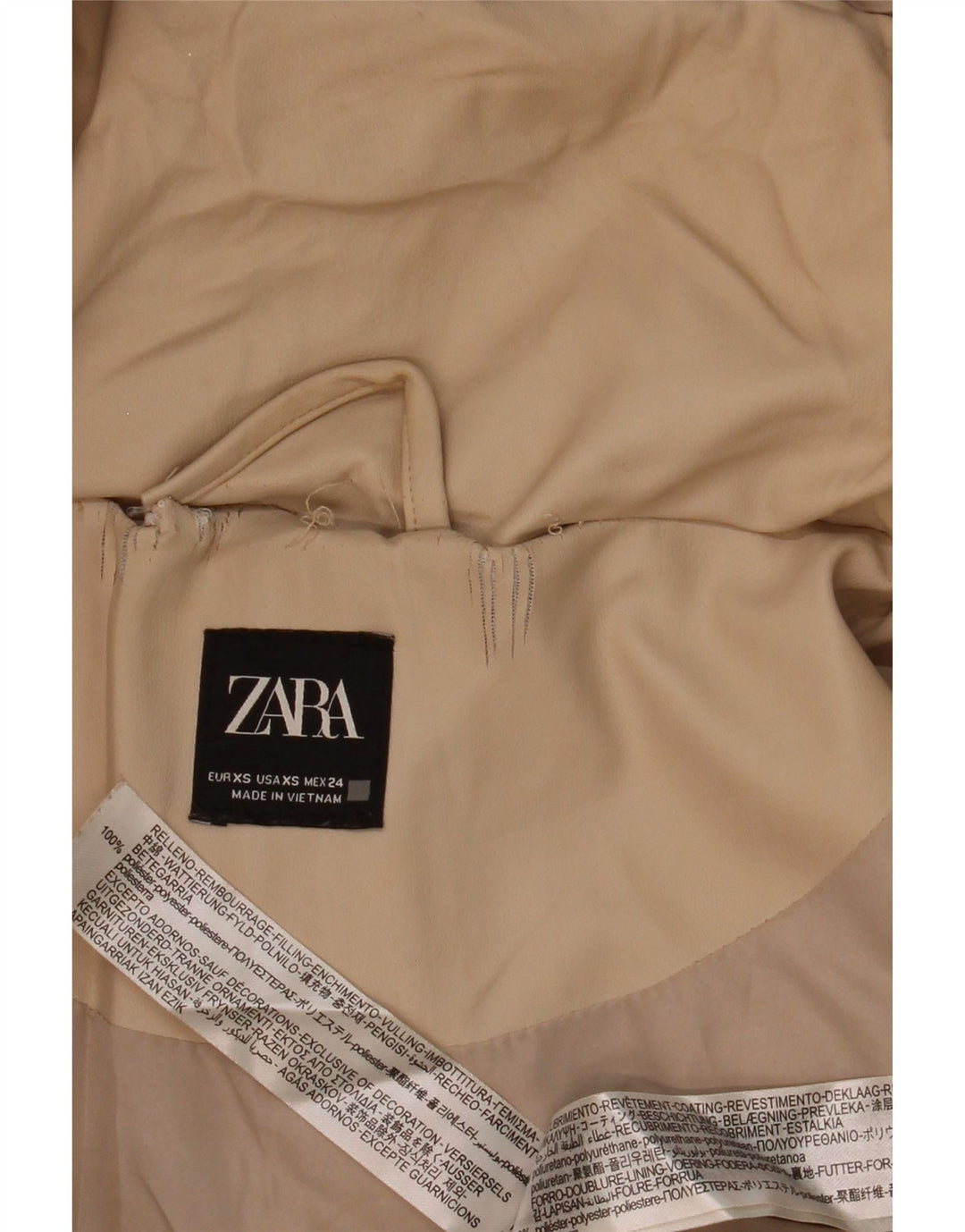 Zara Dame Hætte Oversized Polstret Jakke UK 6 XS Beige Polyester