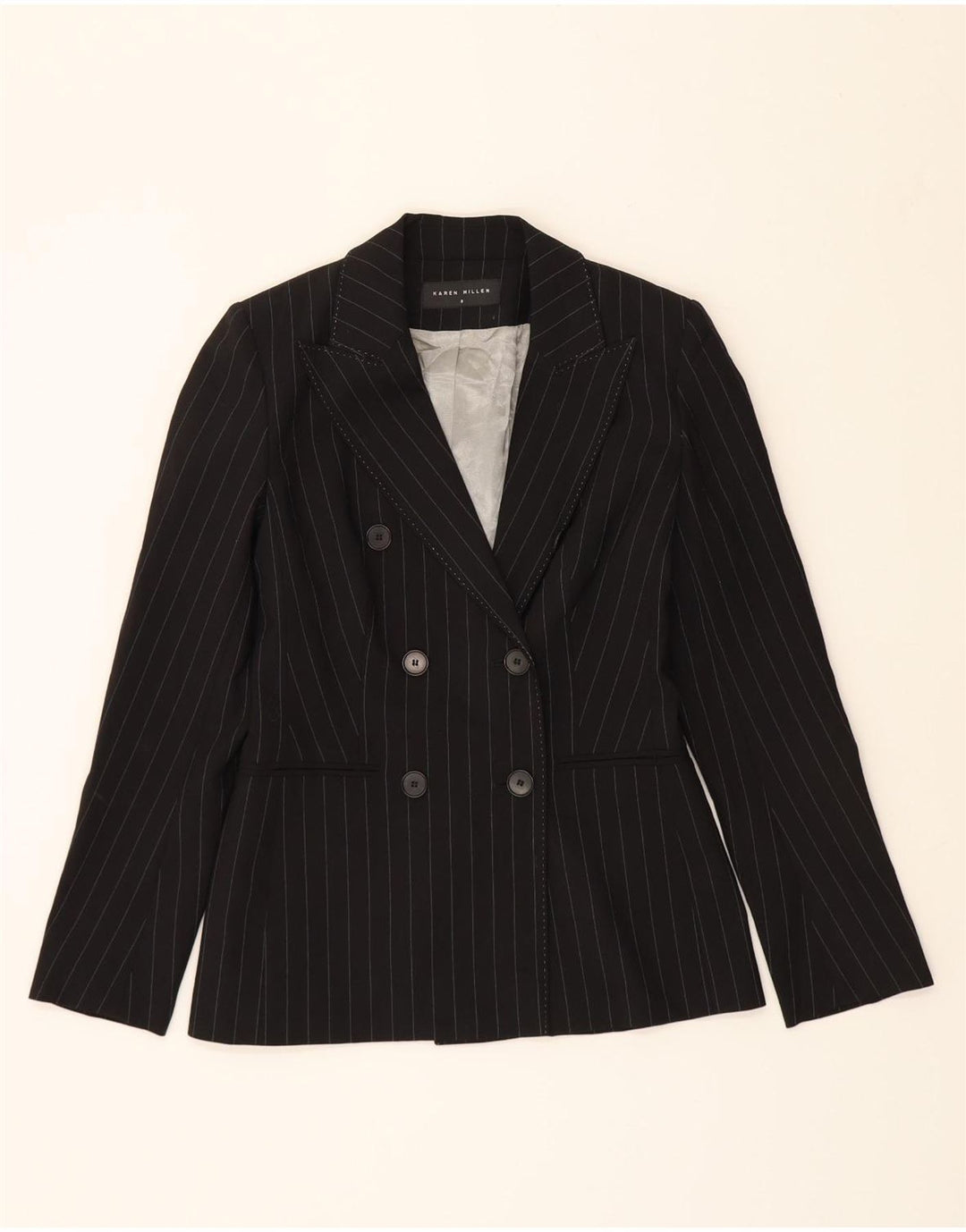 KAREN MILLEN Womens Blazer Jacket UK 8 Small Black Pinstripe Vintage Karen Millen and Second-Hand Karen Millen from Messina Hembry 