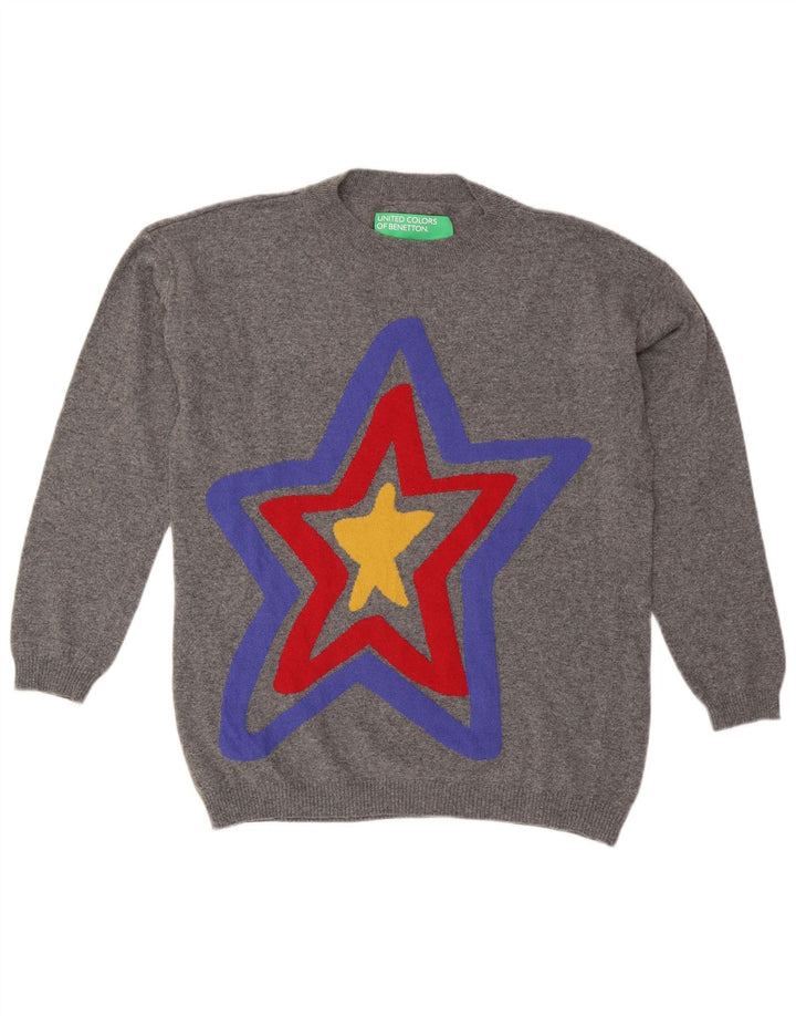 BENETTON Herre grafisk rund hals sweater mellemgrå blomster