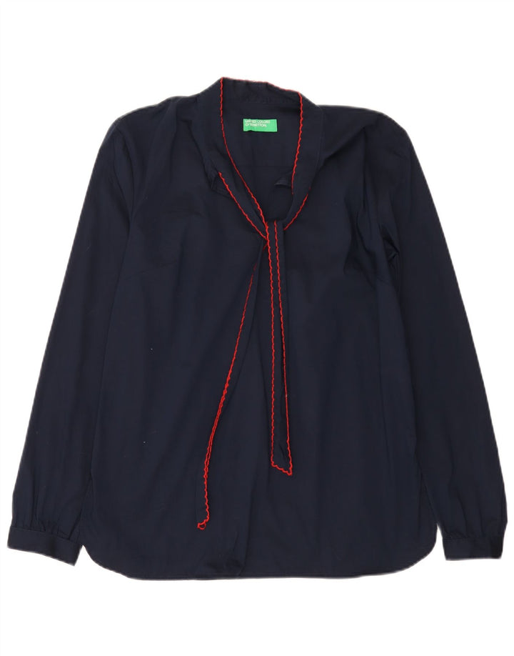 BENETTON Dame Front Tie Langærmet Bluse Top UK 10 Small Navy Blue
