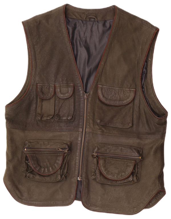 Vintage Herre Læder Utility Gilet IT 54 2XL Khaki
