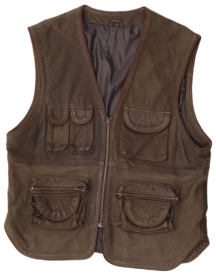 Vintage Herre Læder Utility Gilet IT 54 2XL Khaki