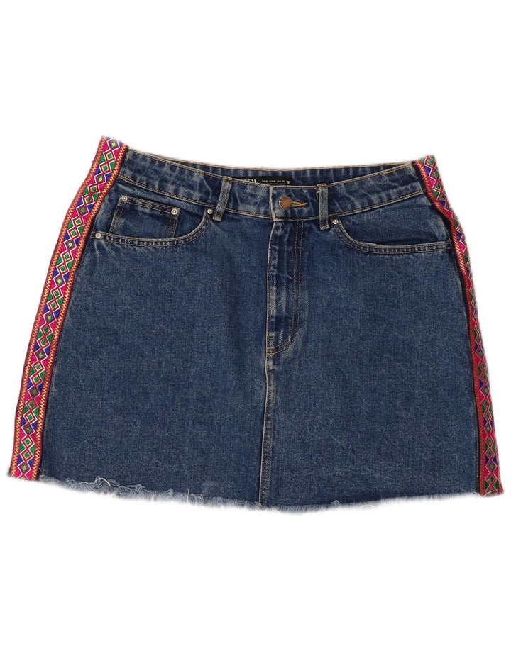 Zara Dame Mini Denim Nederdel Medium W28 Blå Geometrisk
