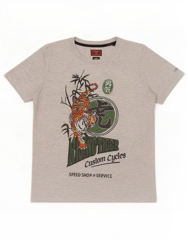 Superdry Dame Oversized grafisk T-shirt Top UK 14 Stor Grå Bomuld