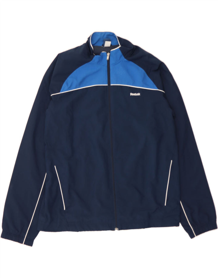 REEBOK Mens Tracksuit Top Jacket XL Navy Blue Colourblock Polyester Vintage Reebok and Second-Hand Reebok from Messina Hembry 