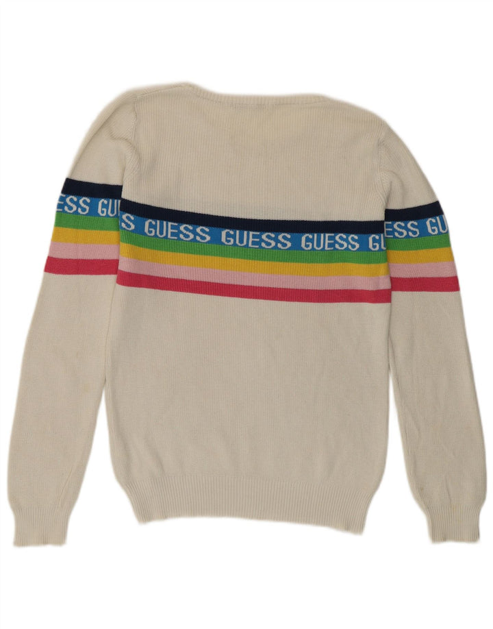 Guess Dame grafisk rund hals sweater UK 8 Lille hvid bomuld