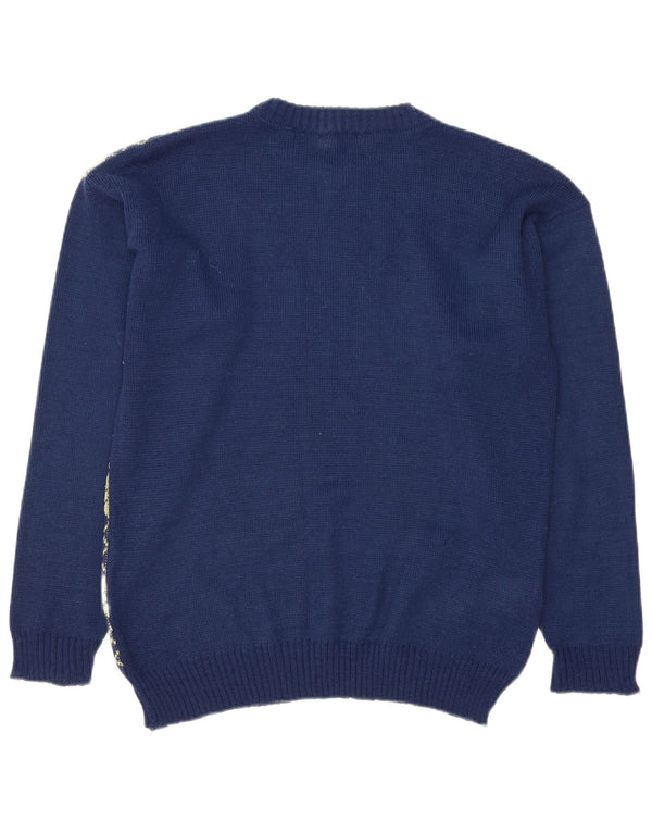 Vintage Herre Boat Neck Jumper Sweater Medium Navy Blue Argyle/Diamond