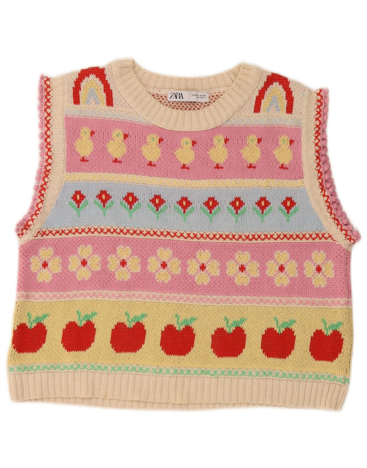 Zara Dame Grafisk Vest Tank Top UK 14 Medium Flerfarvet Stribet Bomuld