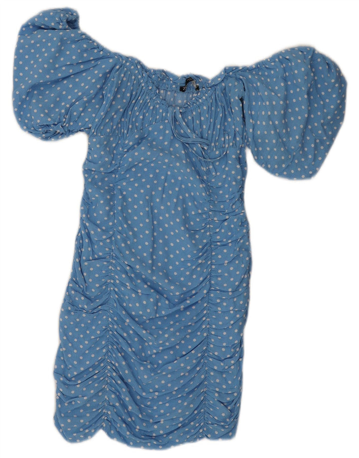 Zara Dame Off Shoulder Sundress UK 8 Small Blue Polka Dot