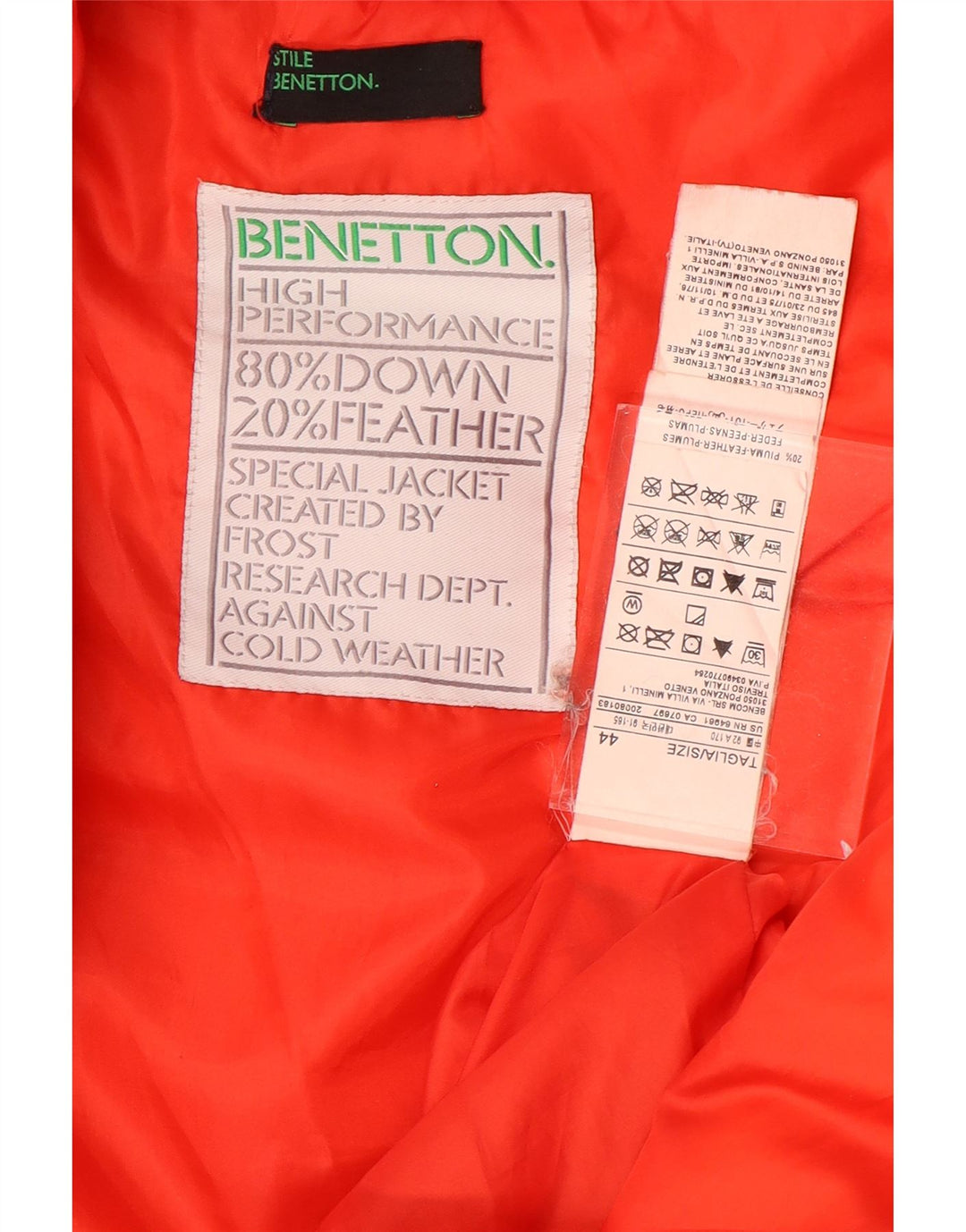 Benetton Dame Hætte Polstret Frakke IT 44 Medium Orange Polyamid