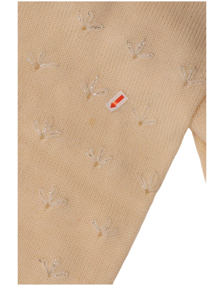 VINTAGE Dame V-hals sweater UK 14 Medium Off White Floral