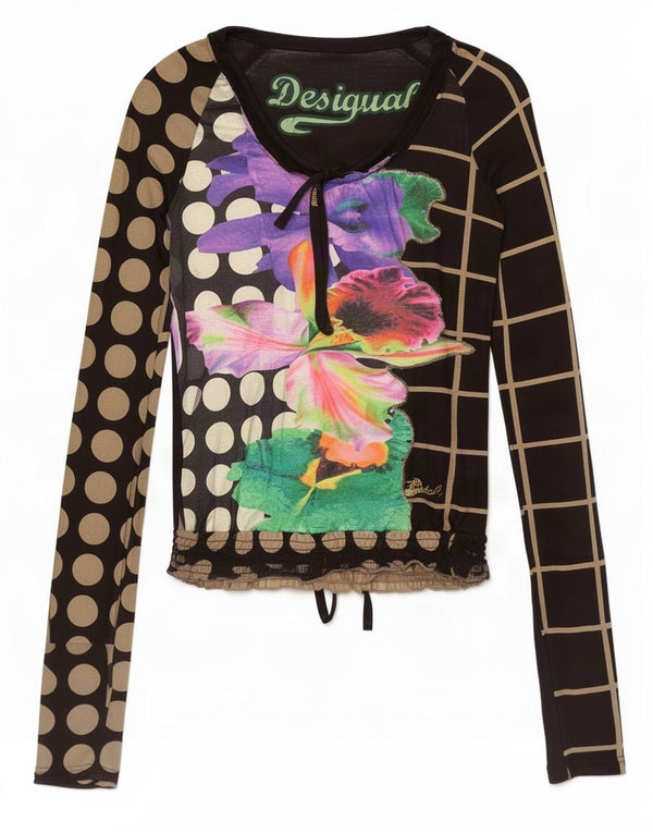 Desigual Dame Grafisk Top Langærmet UK 10 Small Black Floral Bomuld