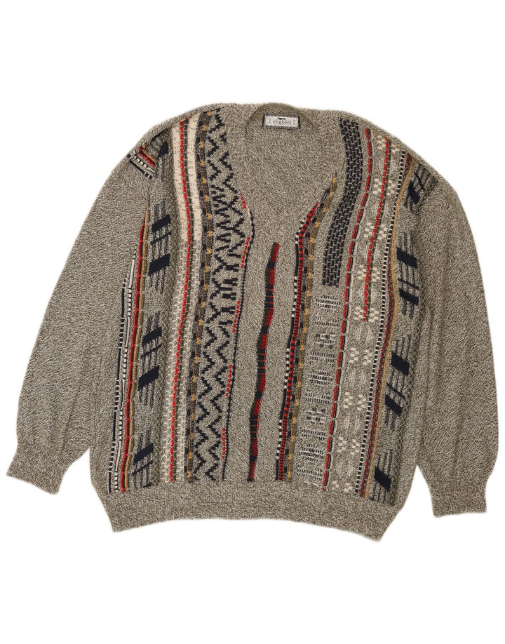Engbers Herre V-hals sweater IT 50 Mellem grå stribet bomuld