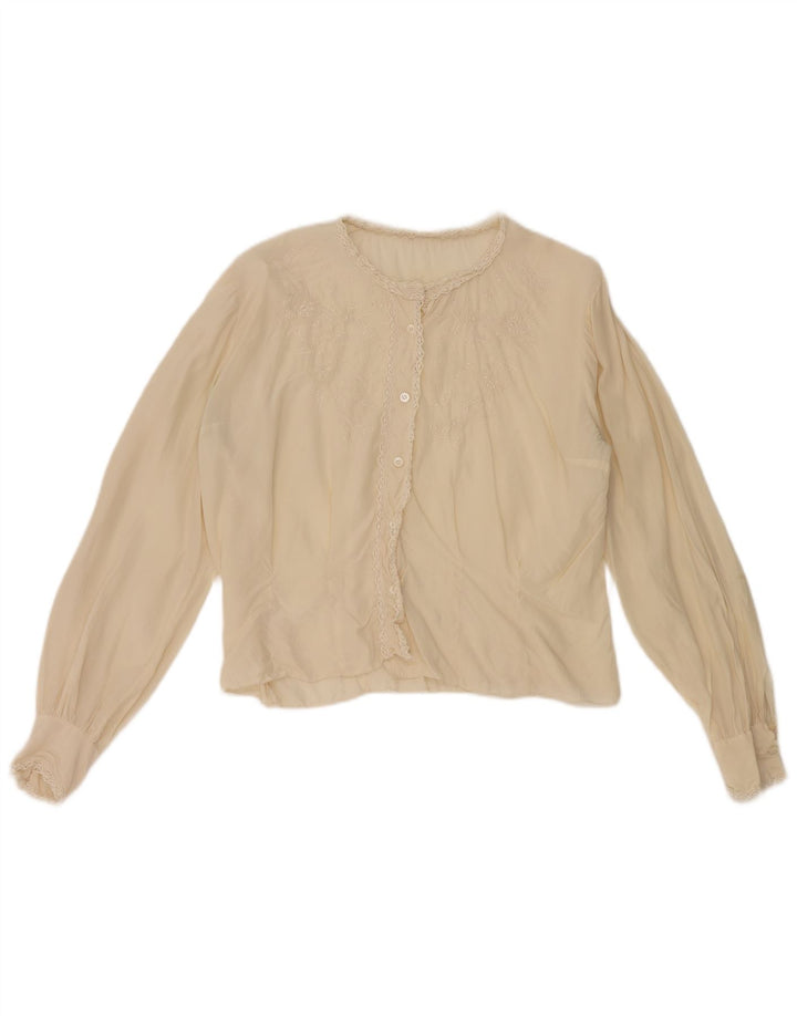 Vintage Dame Crop Shirt Bluse UK 12 Medium Beige
