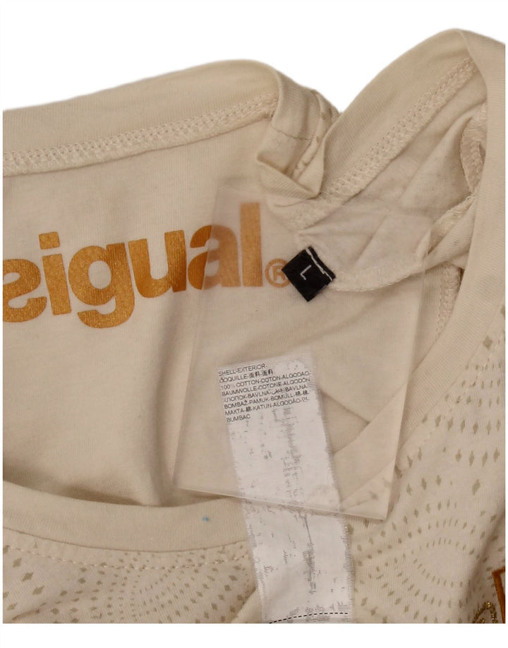 DESIGUAL Grafisk T-shirt top til kvinder UK 14 Stor beige plettet bomuld