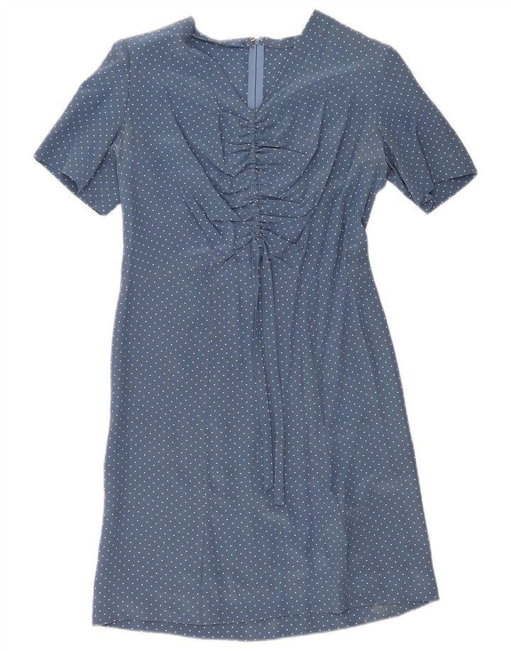Vintage Dame A-Line Kjole UK 12 Medium Blue Spotted