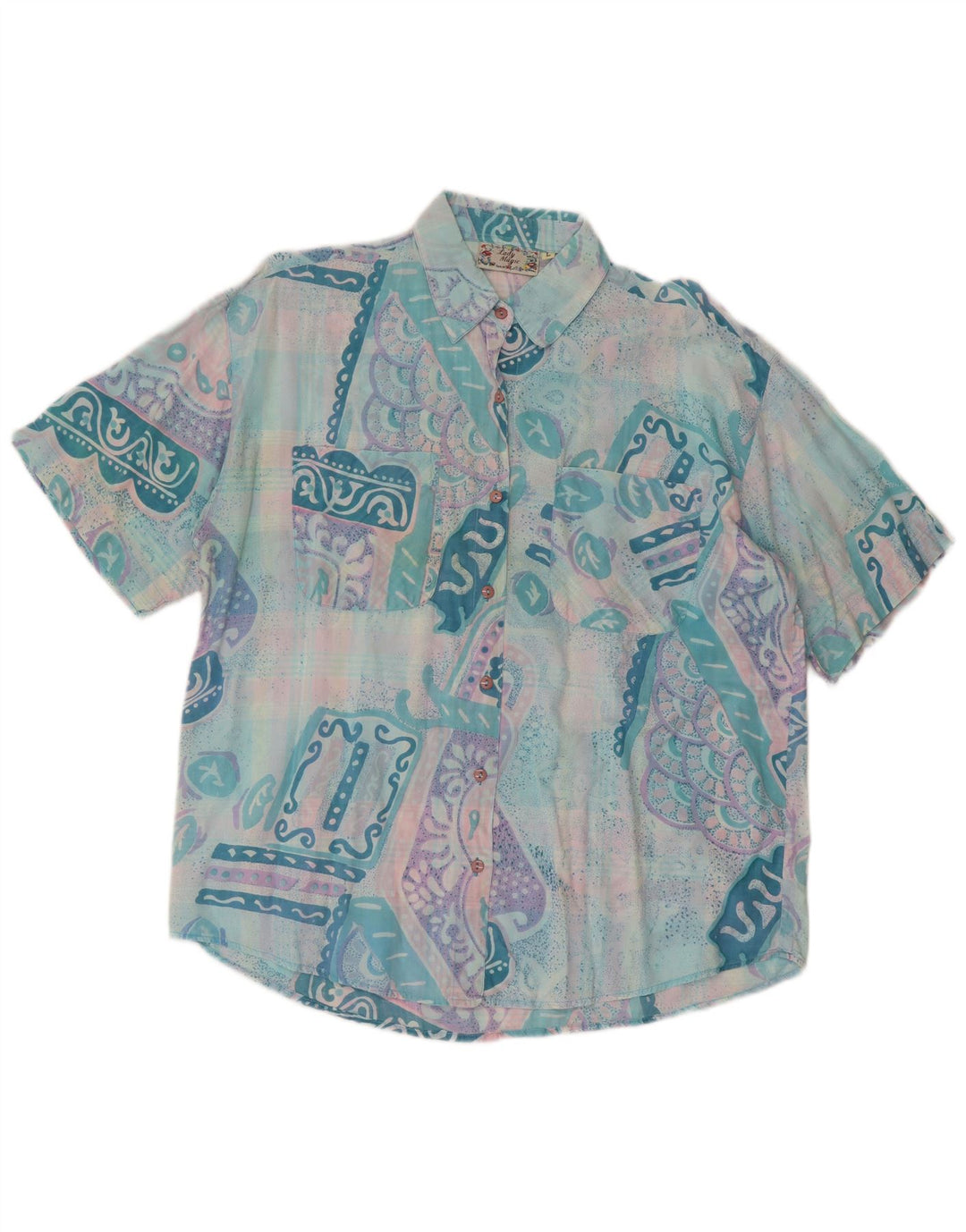 Vintage kortærmet skjorte til kvinder UK 14 Stor turkis patchwork retro