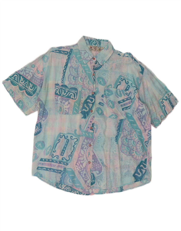 Vintage kortærmet skjorte til kvinder UK 14 Stor turkis patchwork retro