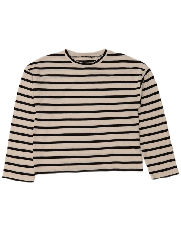 Zara Dame Top Langærmet UK 14 Medium Hvid Stribet Viscose