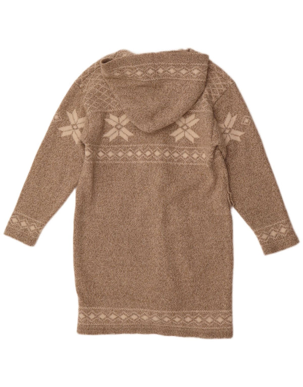 Vintage Womens Longline Hooded Cardigan Sweater UK 16 Large Grey Fair Isle