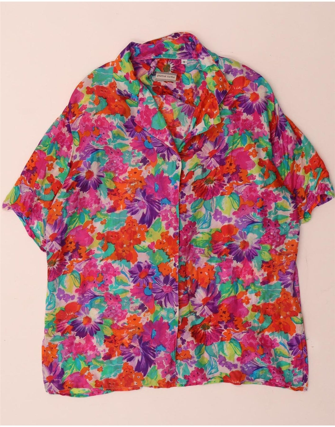 VINTAGE Kortærmet skjortebluse til kvinder UK 14 Medium Multicolored Floral