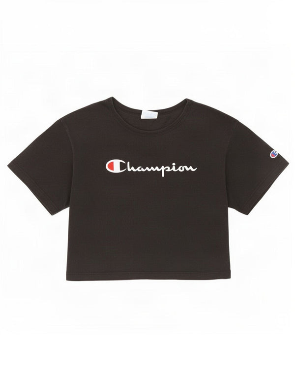 Champion Womens Heritage Crop Grafisk T-Shirt Top UK 14 Medium Sort