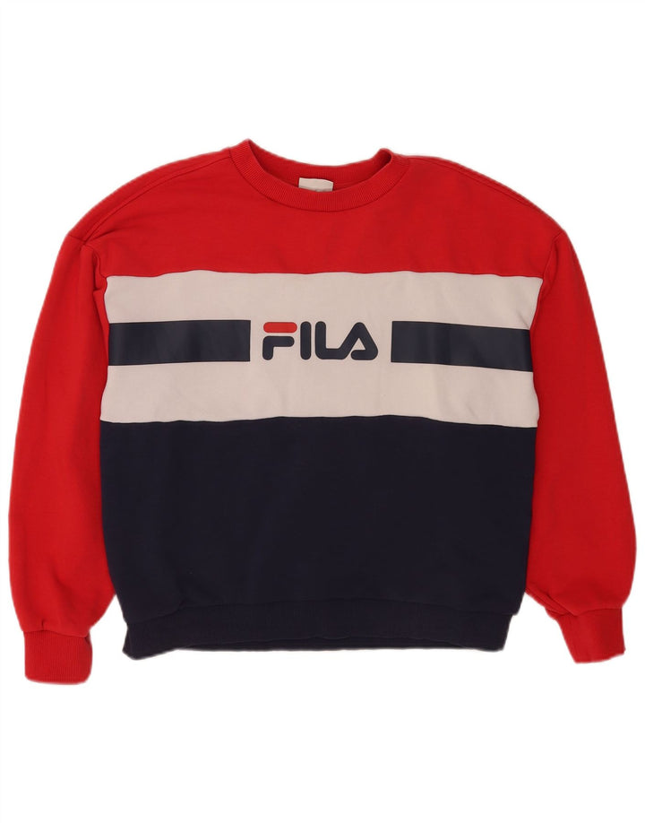 Fila Dame Grafisk Sweatshirt Jumper UK 14 Medium Rød Colourblock Bomuld