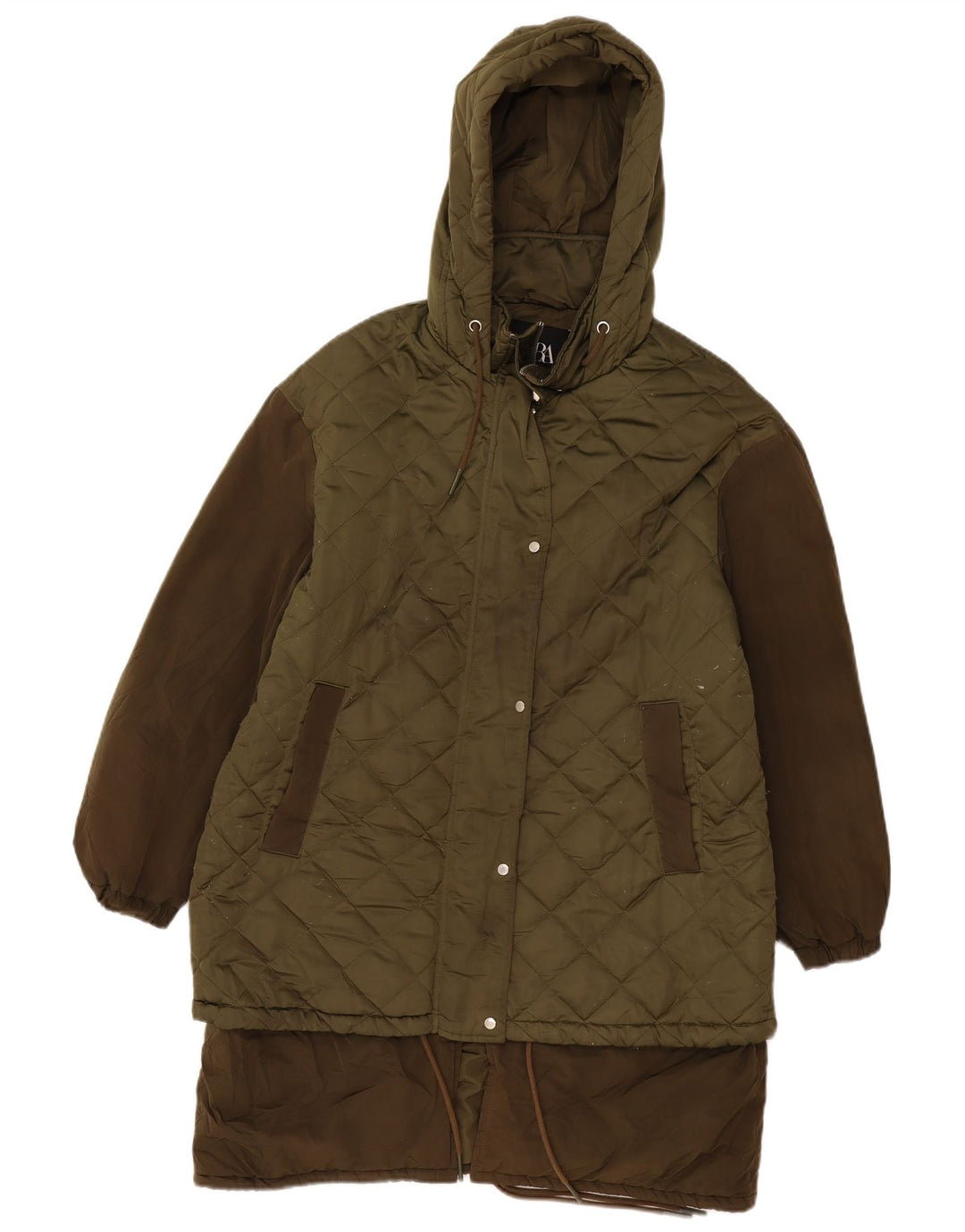 Zara Dame Oversized Hætte Quiltet Overfrakke UK 10 Small Khaki Polyester