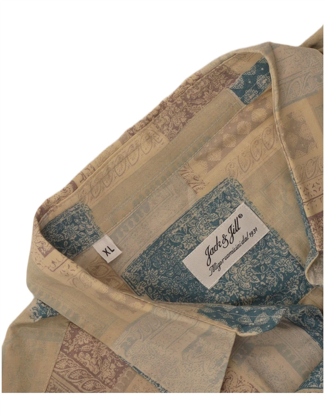 Vintage kortærmet herreskjorte XL Beige Patchwork