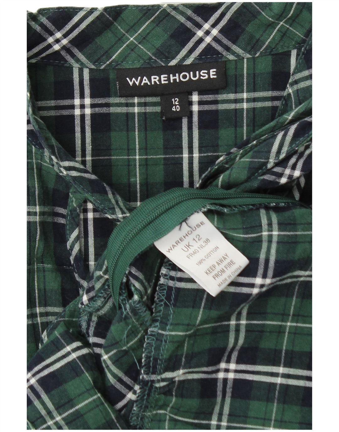WAREHOUSE Dame Langærmet Bluse Top UK 12 Medium Green Check