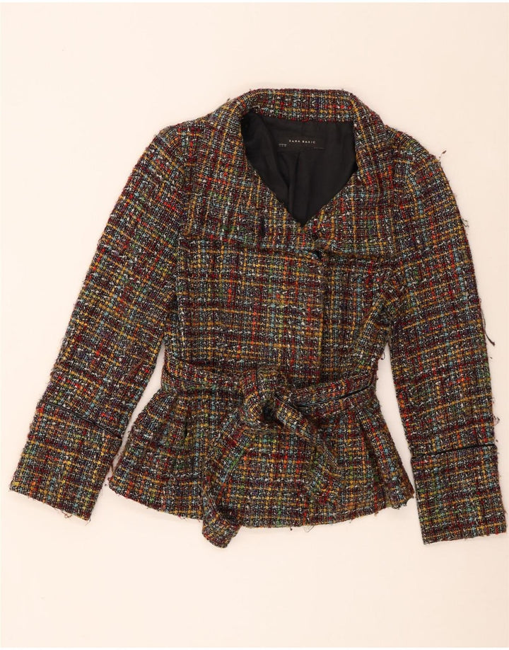 Zara Dame Front Tie Blazer Jacket UK 14 Large Flerfarvet ternet akryl