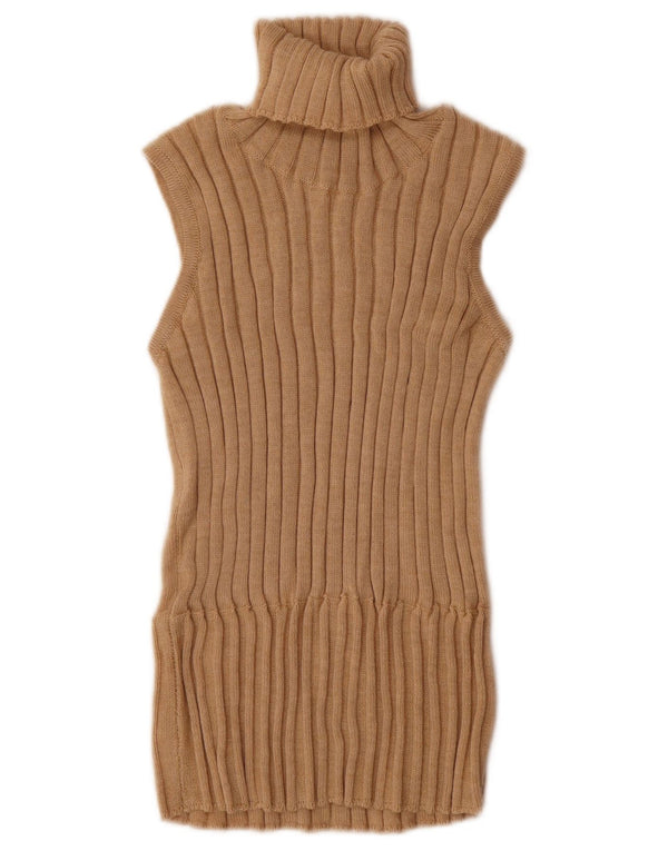 Vintage Dame Roll Neck Vest Tank Top UK 12 Medium Beige Merino Wool