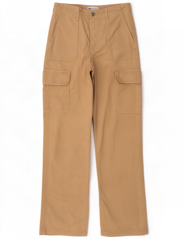 Zara Dame Højtalje Loose Fit Cargo Bukser EU 36 XS W26 L30 Beige