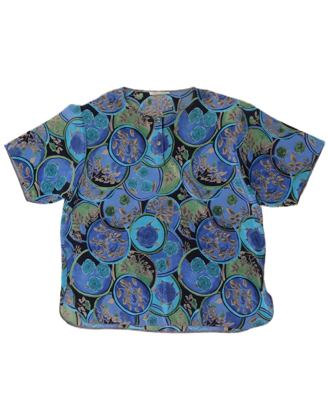 Vintage Dame Bluse Top UK 16 Large Blue Floral Silke