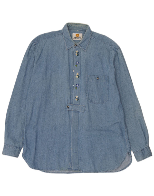 Vintage Mens Denim Shirt Size 42 Large Blue Floral