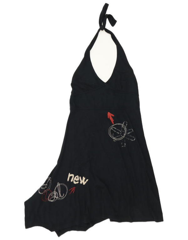 Desigual Kvinders Grafisk Asymmetrisk Halter Dress UK 18 XL Sort Bomuld