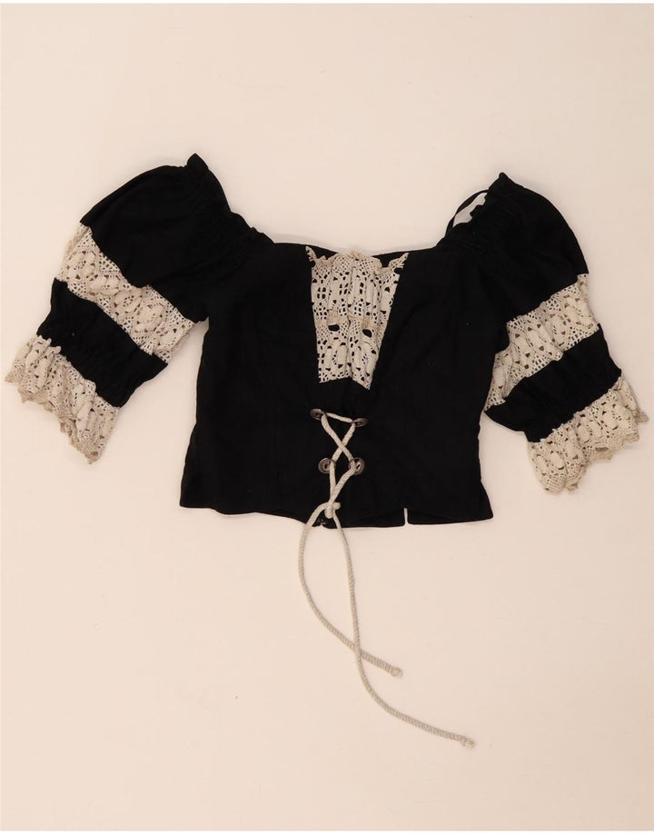 LANDHAUS Dame Trachten Crop Corset Top UK 8 Small Black Floral Linen