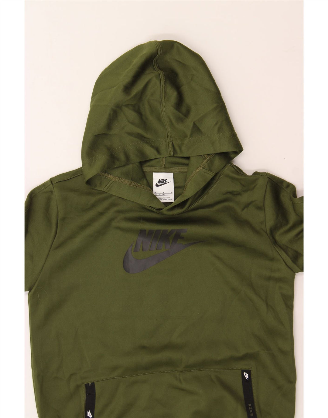 NIKE Boys Graphic Hoodie Jumper 10-11 Years Medium Khaki Polyester Vintage Nike and Second-Hand Nike from Messina Hembry 
