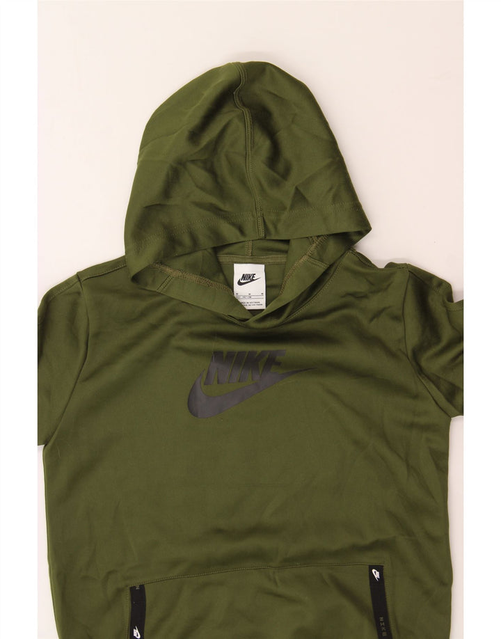 NIKE Boys Graphic Hoodie Jumper 10-11 Years Medium Khaki Polyester Vintage Nike and Second-Hand Nike from Messina Hembry 