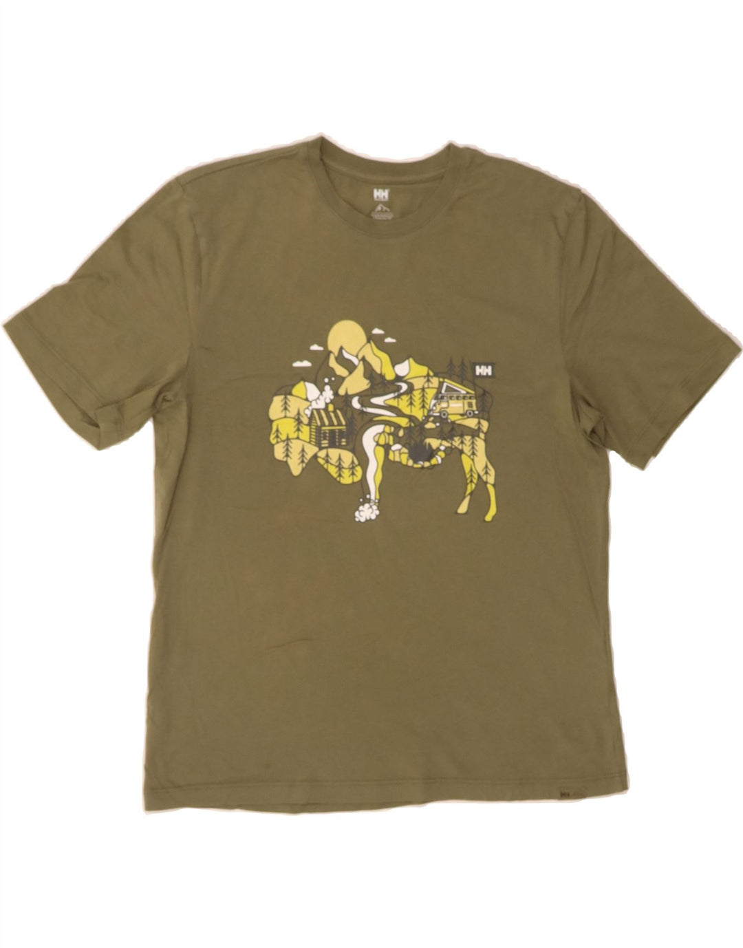HELLY HANSEN Mens Graphic T-Shirt Top Small Khaki Cotton Vintage Helly Hansen and Second-Hand Helly Hansen from Messina Hembry 