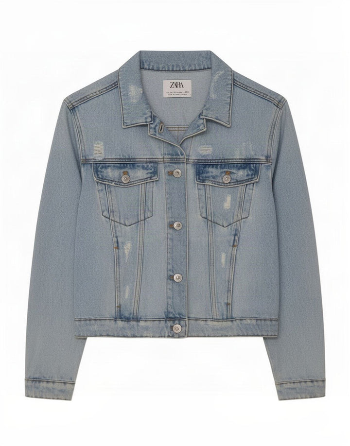 Zara Girls Distressed Denim Jacket 11-12 Years Blue Cotton