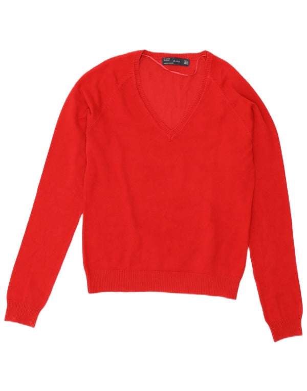 Zara Dame V-hals sweater UK 12 Medium Rød Bomuld