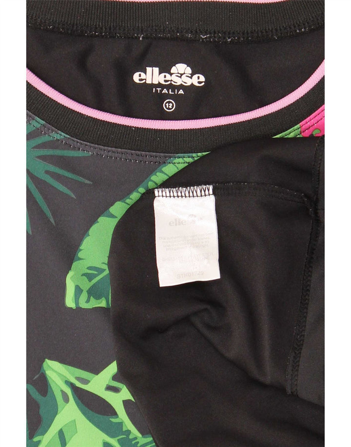 Ellesse Womens Grafisk T-Shirt Top UK 12 Medium Black Floral Polyester