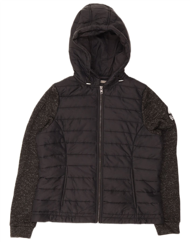 Superdry Polstret hættejakke til kvinder UK 16 Stor, sort plettet polyester