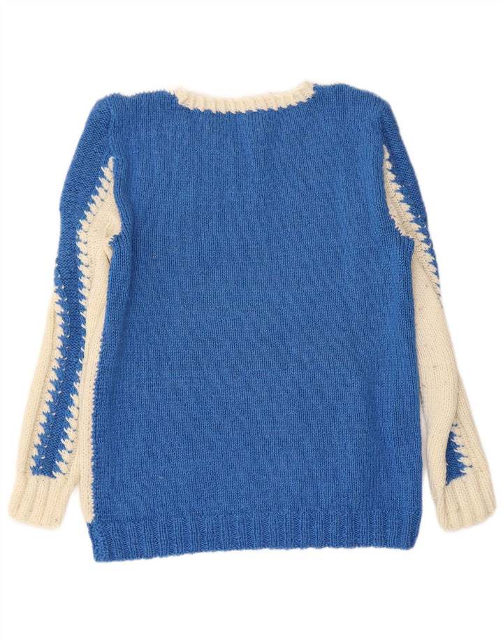 VINTAGE Dame V-hals sweater UK 10 Small Blue Colourblock