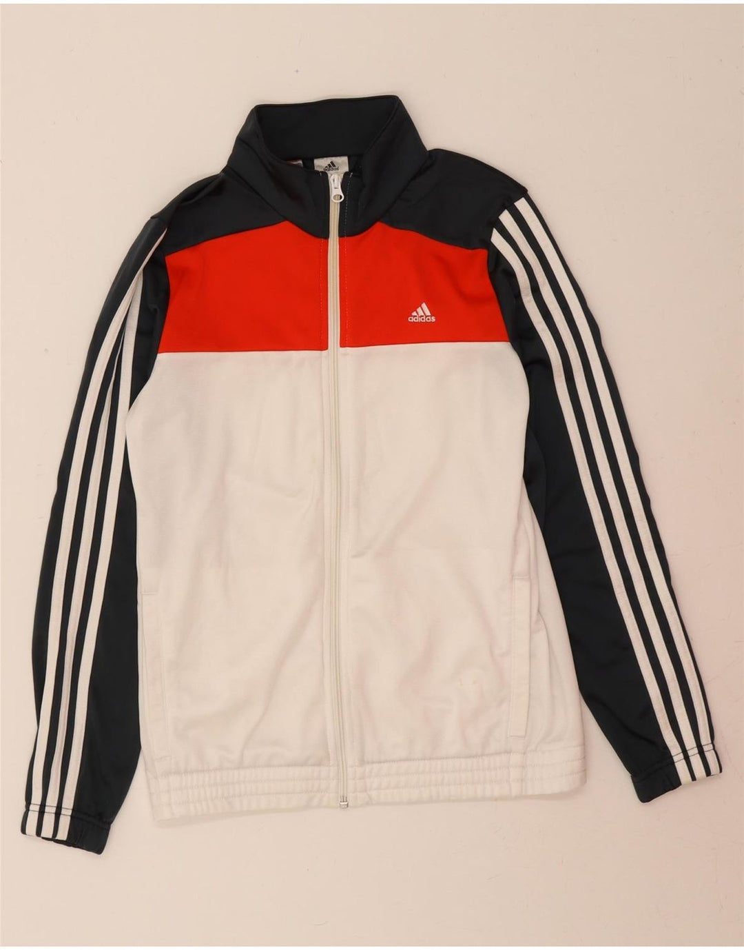 ADIDAS Boys Tracksuit Top Jacket 13-14 Years White Colourblock Polyester Vintage Adidas and Second-Hand Adidas from Messina Hembry 
